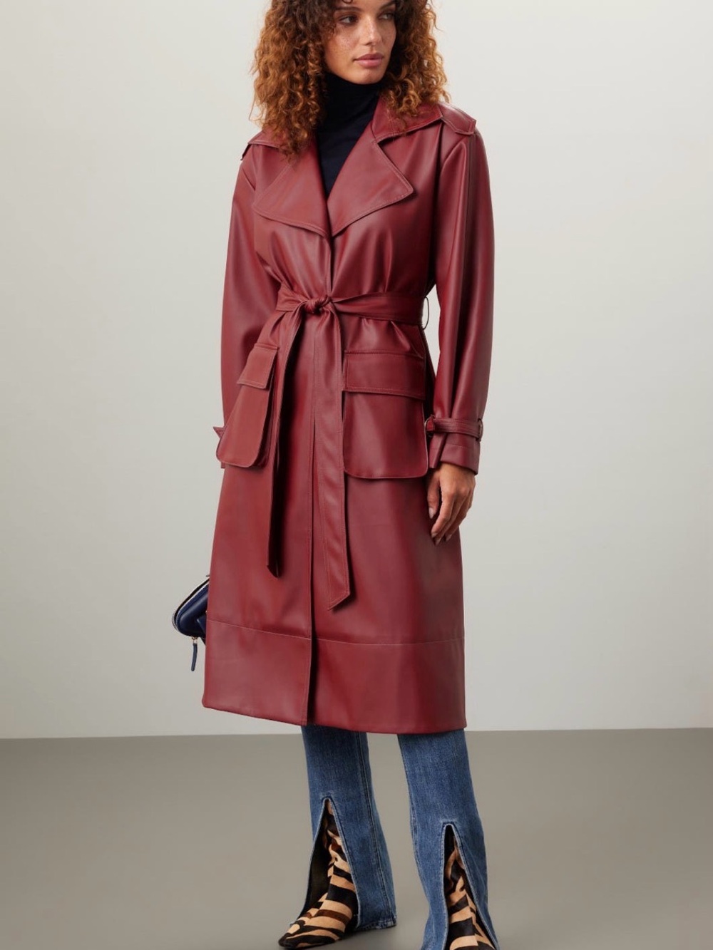 Ashley By 26 International Faux Leather Trench Coat - Burgundy